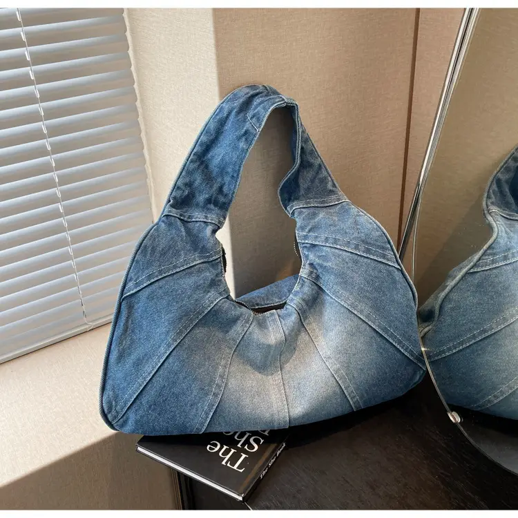 Women Denim Shoulder Bag Vintage Stitching Blue White — feature 56