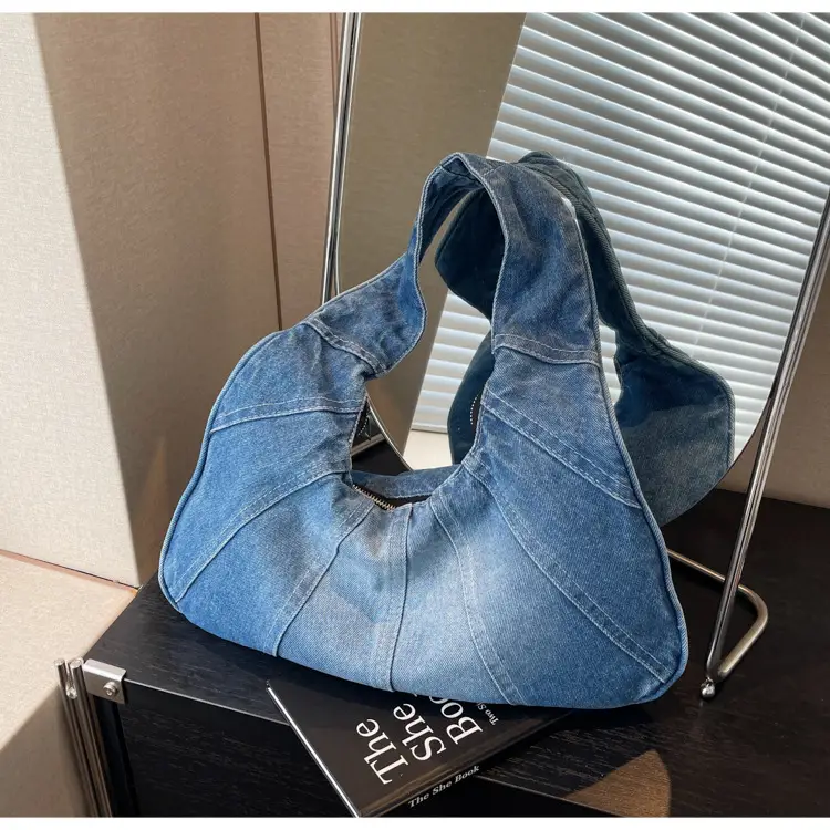 Women Denim Shoulder Bag Vintage Stitching Blue White — feature 57