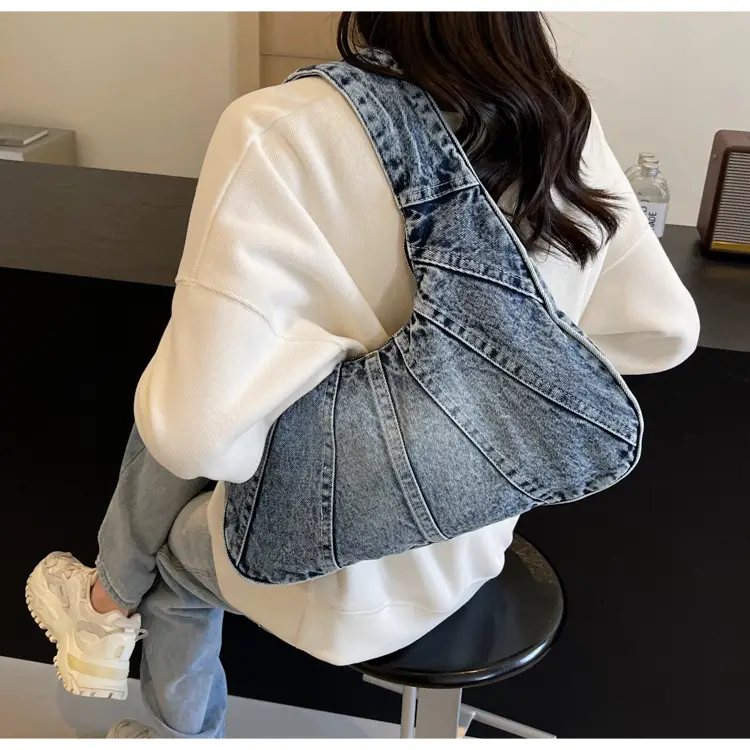 Women Denim Shoulder Bag Vintage Stitching Blue White — feature 58