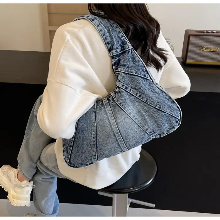 Women Denim Shoulder Bag Vintage Stitching Blue White — feature 59