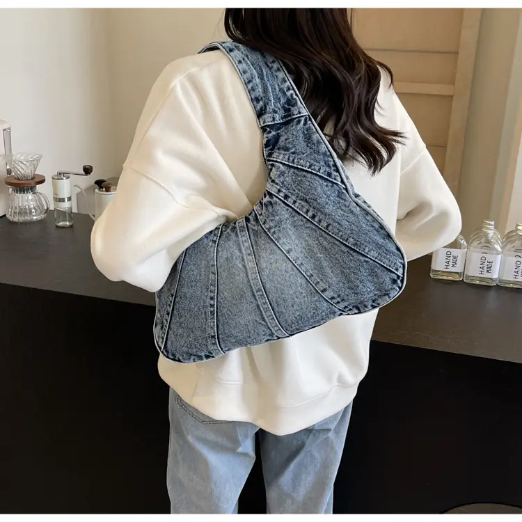 Women Denim Shoulder Bag Vintage Stitching Blue White — feature 60