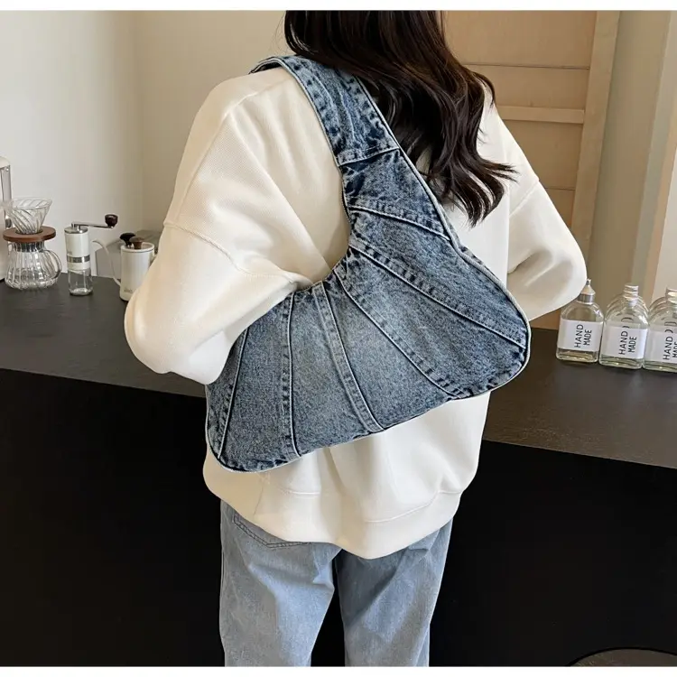 Women Denim Shoulder Bag Vintage Stitching Blue White — feature 61