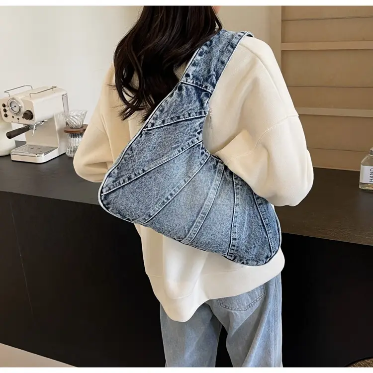 Women Denim Shoulder Bag Vintage Stitching Blue White — feature 62