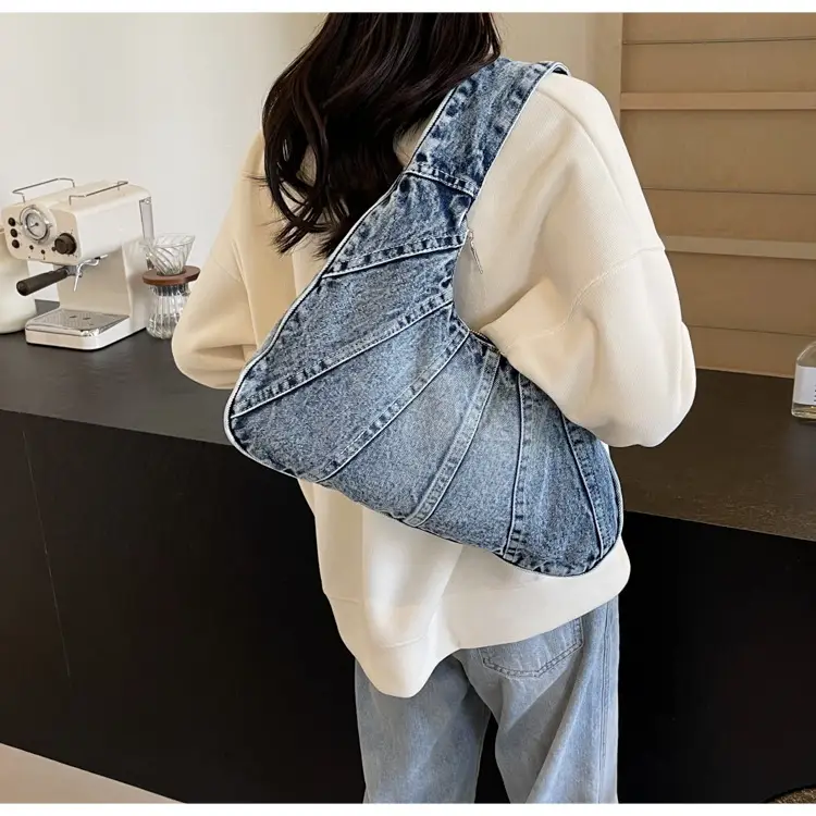 Women Denim Shoulder Bag Vintage Stitching Blue White — feature 63