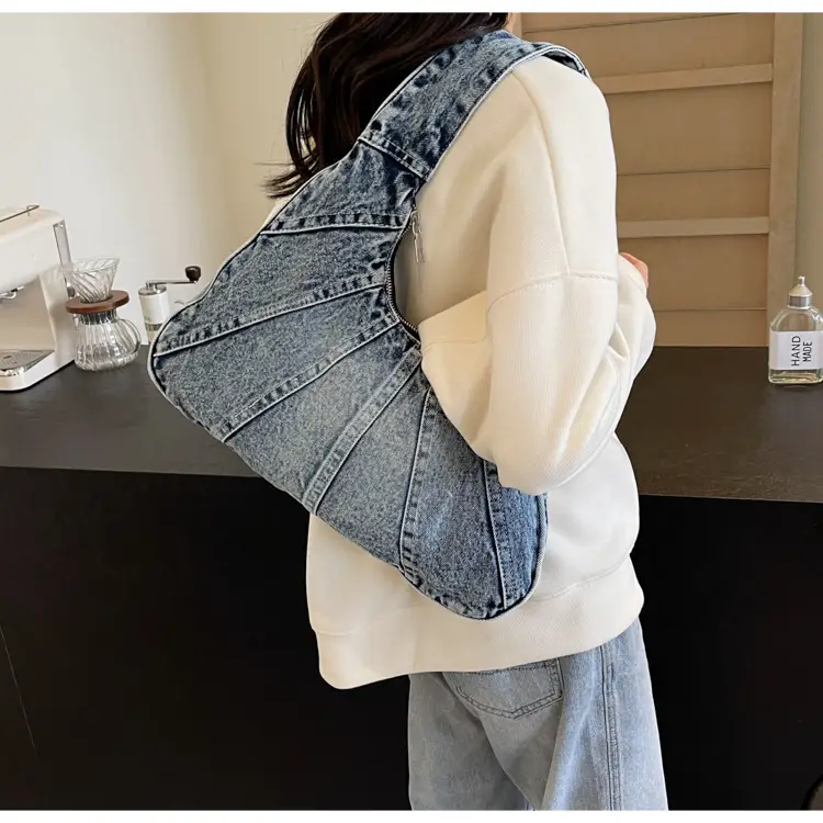Women Denim Shoulder Bag Vintage Stitching Blue White — feature 64
