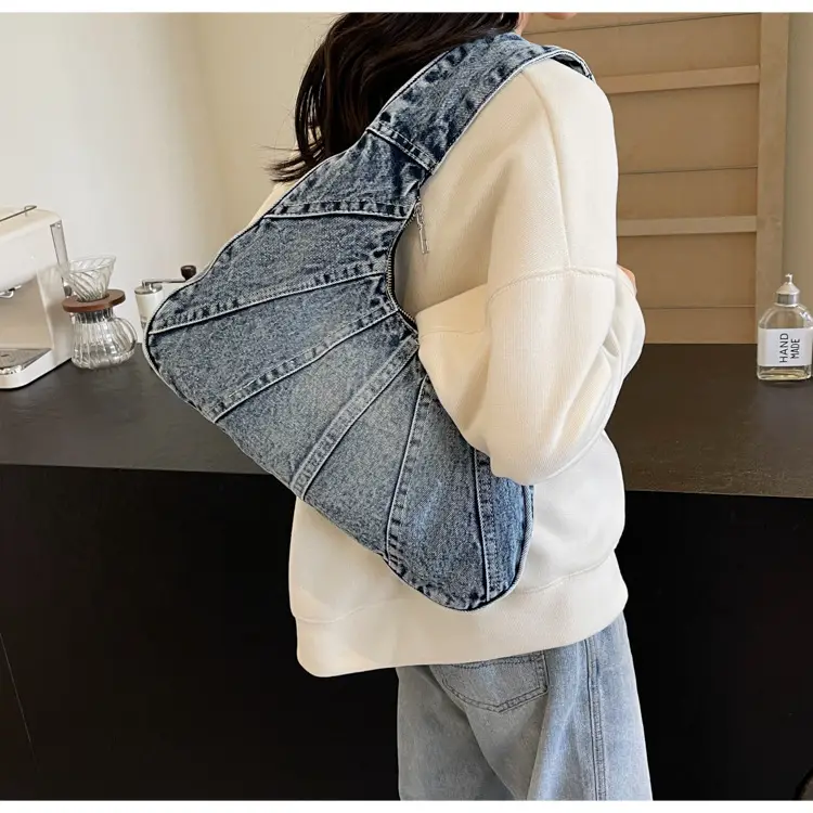 Women Denim Shoulder Bag Vintage Stitching Blue White — feature 65