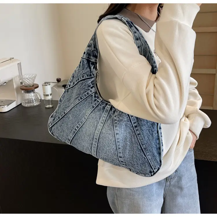 Women Denim Shoulder Bag Vintage Stitching Blue White — feature 67