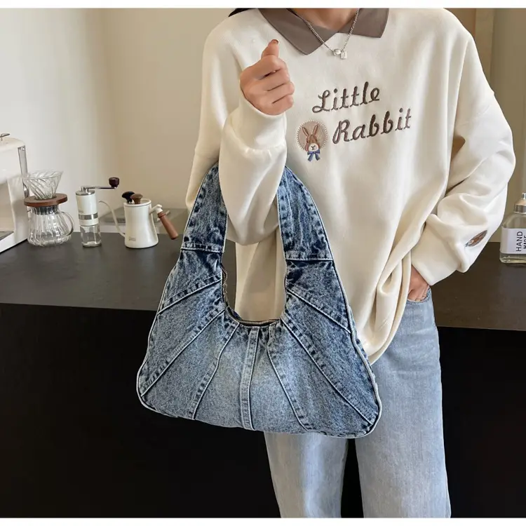 Women Denim Shoulder Bag Vintage Stitching Blue White — feature 68