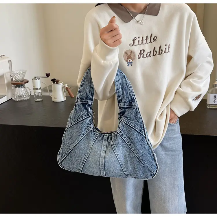 Women Denim Shoulder Bag Vintage Stitching Blue White — feature 69