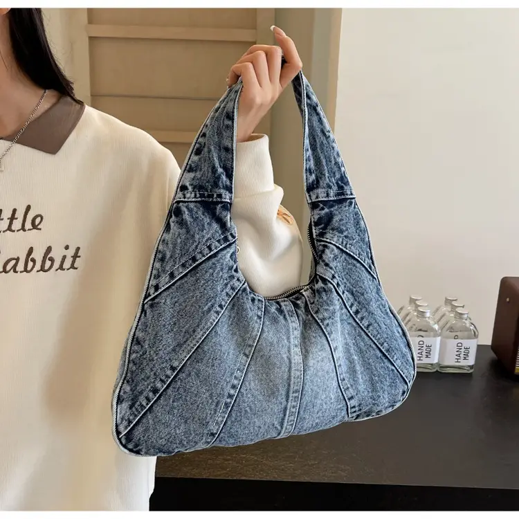 Women Denim Shoulder Bag Vintage Stitching Blue White — feature 70