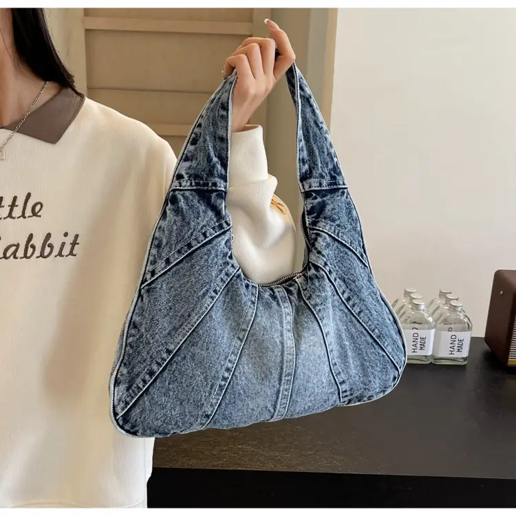 Women Denim Shoulder Bag Vintage Stitching Blue White — feature 71