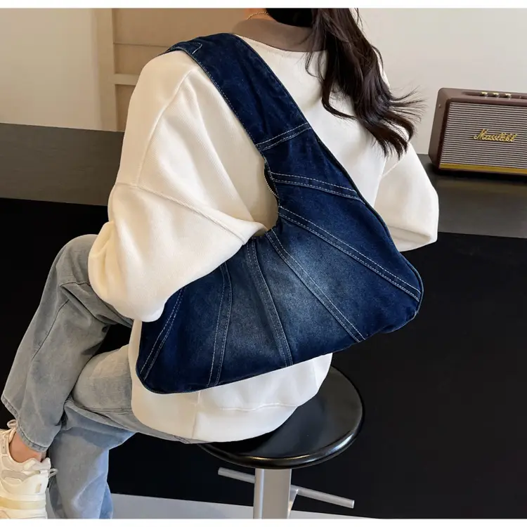 Women Denim Shoulder Bag Vintage Stitching Blue White — feature 72