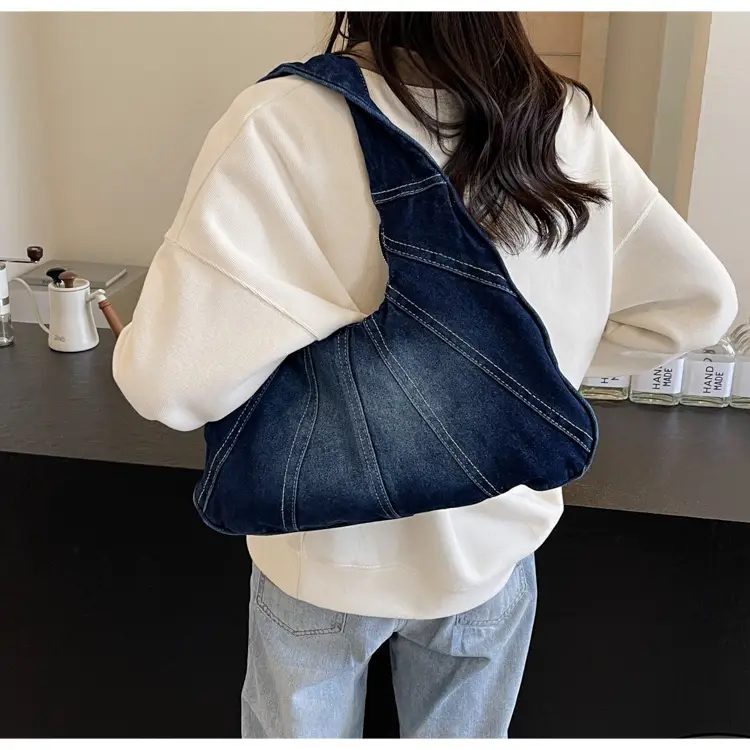 Women Denim Shoulder Bag Vintage Stitching Blue White — feature 73