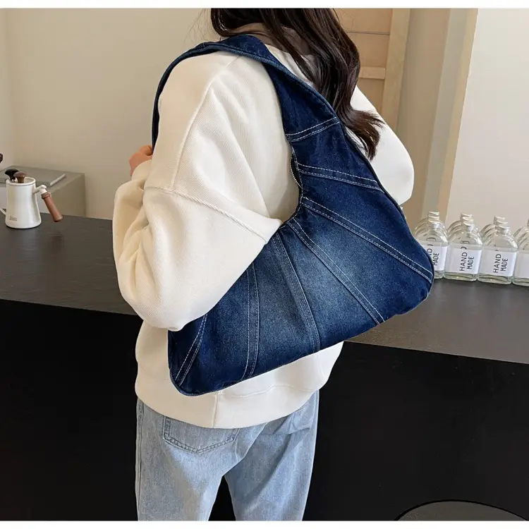 Women Denim Shoulder Bag Vintage Stitching Blue White — feature 74