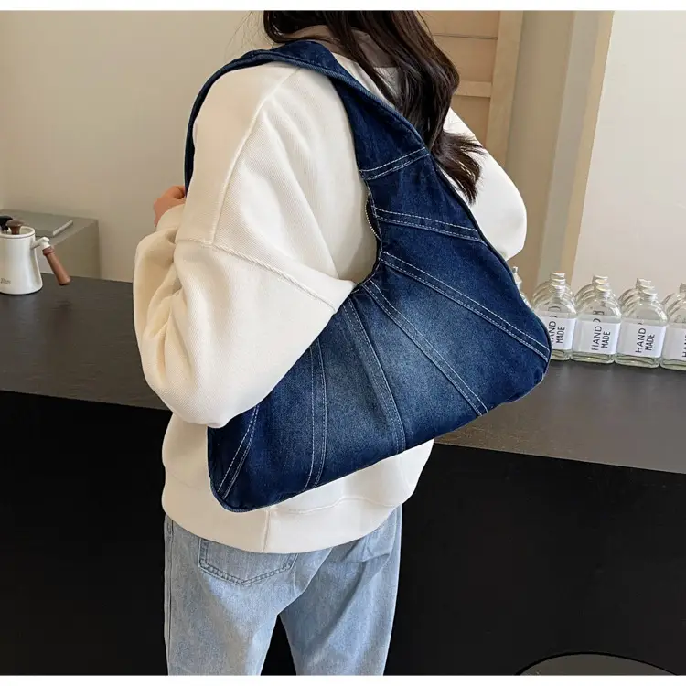 Women Denim Shoulder Bag Vintage Stitching Blue White — feature 75