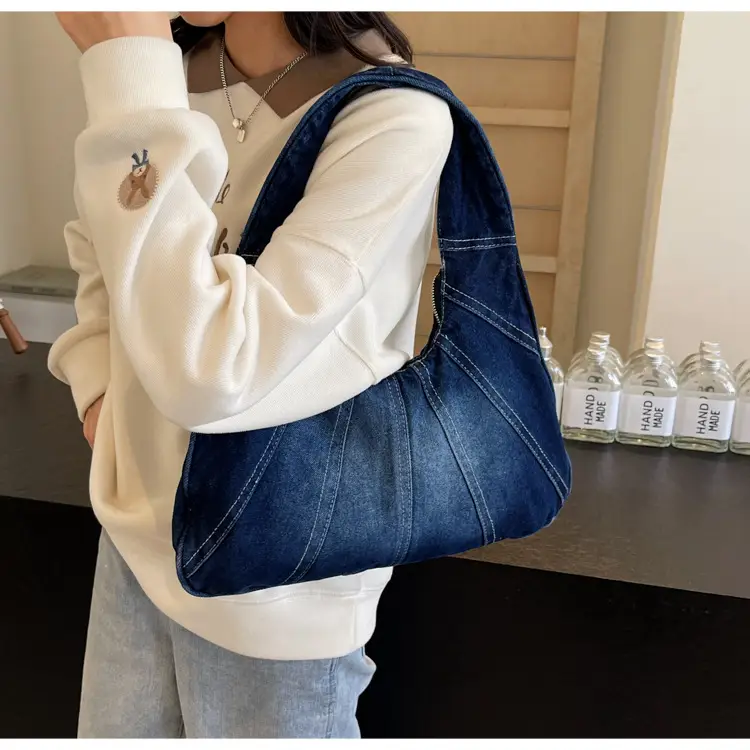 Women Denim Shoulder Bag Vintage Stitching Blue White — feature 76