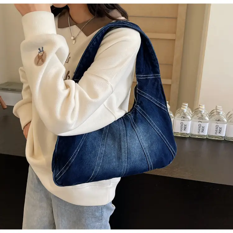 Women Denim Shoulder Bag Vintage Stitching Blue White — feature 77