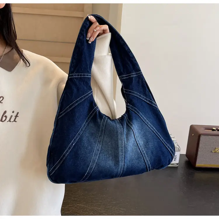 Women Denim Shoulder Bag Vintage Stitching Blue White — feature 78