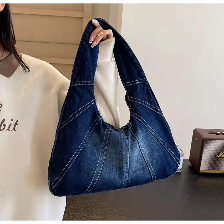 Women Denim Shoulder Bag Vintage Stitching Blue White — feature 79