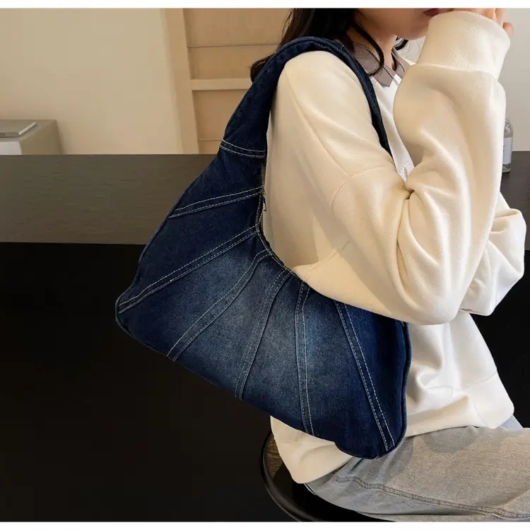 Women Denim Shoulder Bag Vintage Stitching Blue White — feature 80