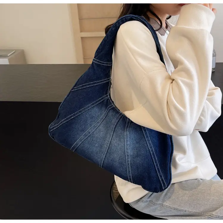 Women Denim Shoulder Bag Vintage Stitching Blue White — feature 81