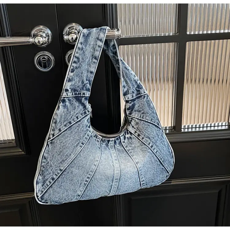 Women Denim Shoulder Bag Vintage Stitching Blue White — feature 82