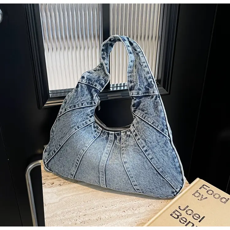 Women Denim Shoulder Bag Vintage Stitching Blue White — feature 84