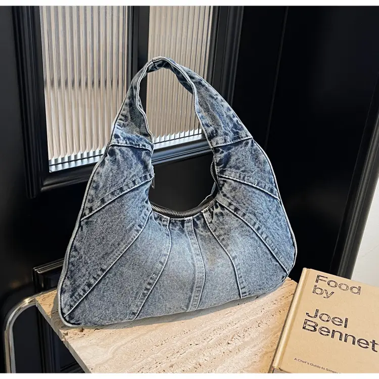 Women Denim Shoulder Bag Vintage Stitching Blue White — feature 85