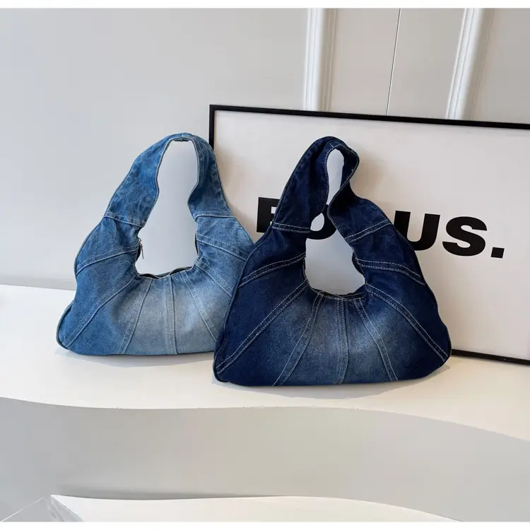 Women Denim Shoulder Bag Vintage Stitching Blue White — feature 86