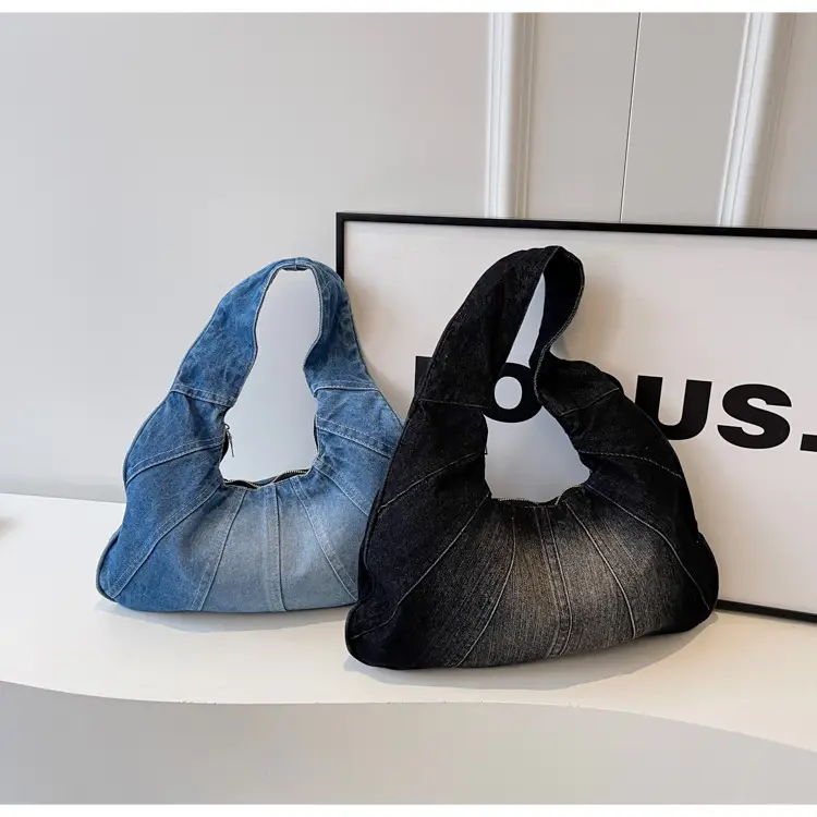 Women Denim Shoulder Bag Vintage Stitching Blue White — feature 87