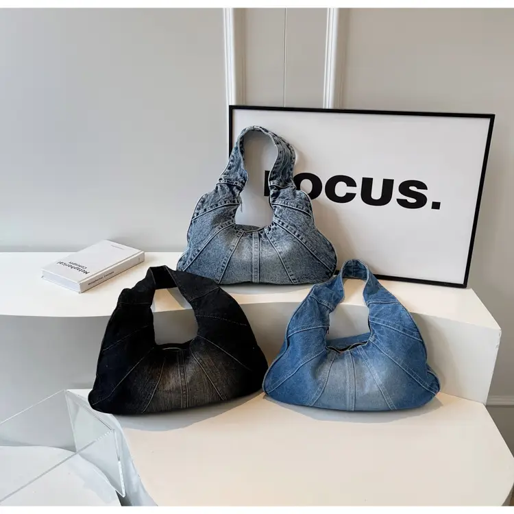 Women Denim Shoulder Bag Vintage Stitching Blue White — feature 89