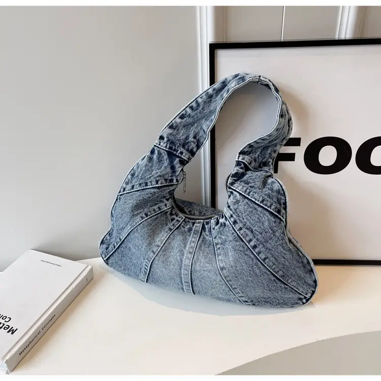 Women Denim Shoulder Bag Vintage Stitching Blue White — feature 90