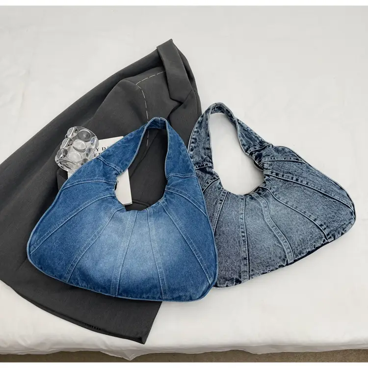 Women Denim Shoulder Bag Vintage Stitching Blue White — feature 95