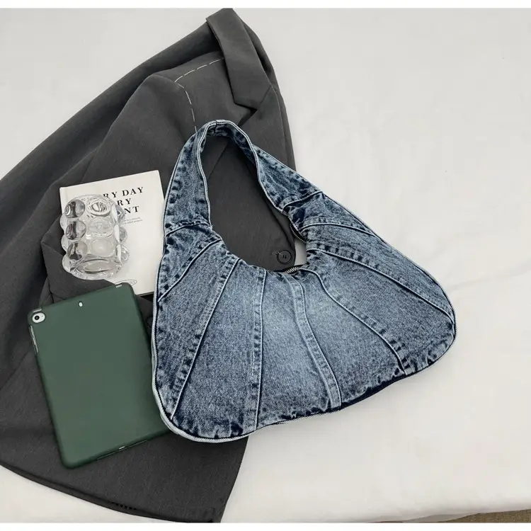 Women Denim Shoulder Bag Vintage Stitching Blue White — feature 98