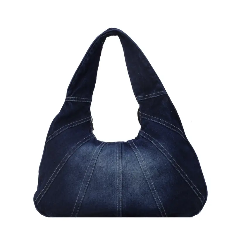 Women Denim Shoulder Bag Vintage Stitching Blue White - Image 2