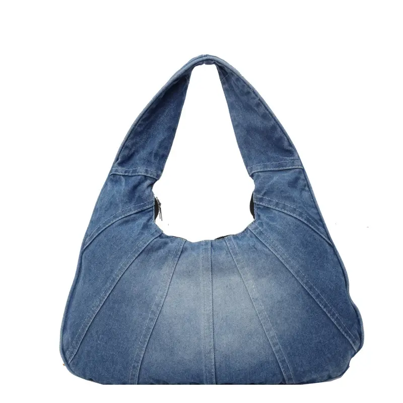 Women Denim Shoulder Bag Vintage Stitching Blue White - Image 3