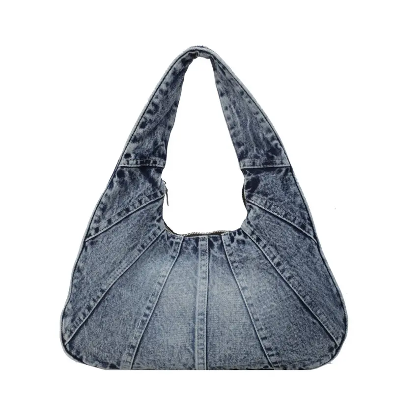 Women Denim Shoulder Bag Vintage Stitching Blue White - Image 4