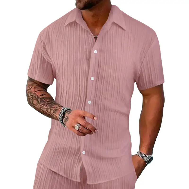 Men's 2025 Button Short-Sleeve Shirt Light Blue Striped - Image 9