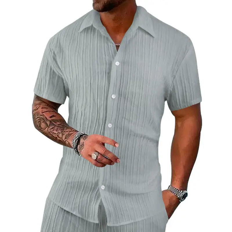 Men's 2025 Button Short-Sleeve Shirt Light Blue Striped — feature 25