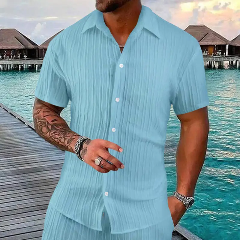 Men's 2025 Button Short-Sleeve Shirt Light Blue Striped — feature 31