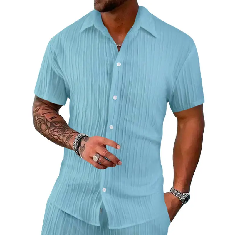 Men's 2025 Button Short-Sleeve Shirt Light Blue Striped — feature 32