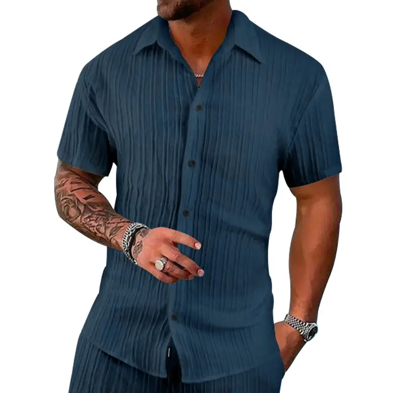 Men's 2025 Button Short-Sleeve Shirt Light Blue Striped — feature 4