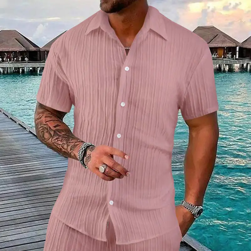 Men's 2025 Button Short-Sleeve Shirt Light Blue Striped - Image 2
