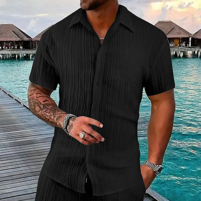 Men's 2025 Button Short-Sleeve Shirt Light Blue Striped - Image 3