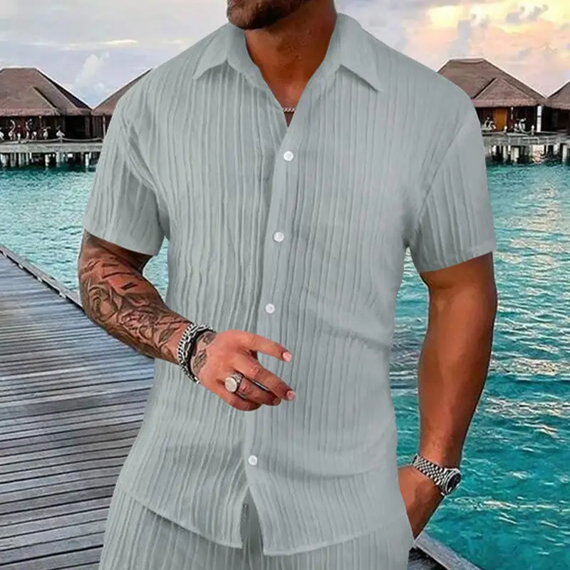 Men's 2025 Button Short-Sleeve Shirt Light Blue Striped - Image 4
