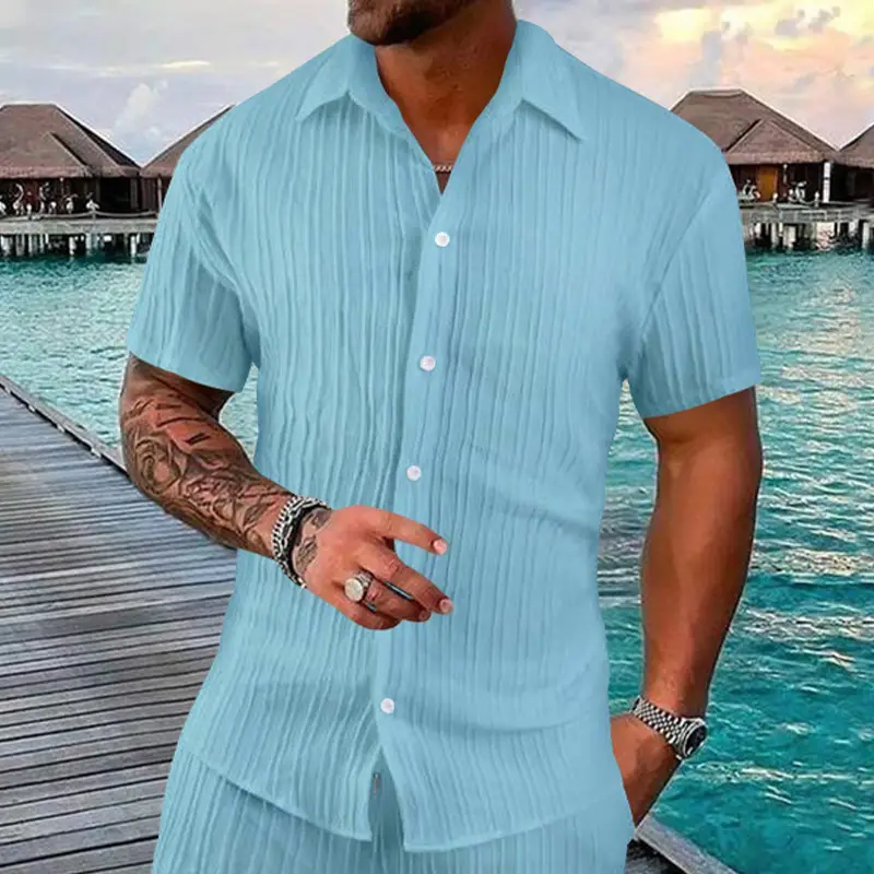 Men's 2025 Button Short-Sleeve Shirt Light Blue Striped - Image 5