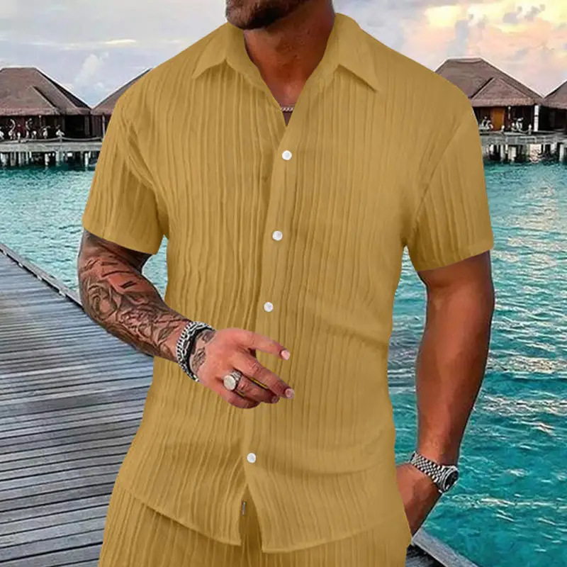 Men's 2025 Button Short-Sleeve Shirt Light Blue Striped - Image 6