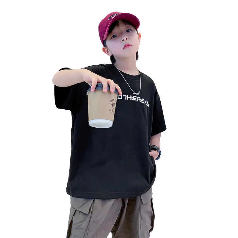 Boys Black Cotton T-Shirt 2026 Summer Loose Fit