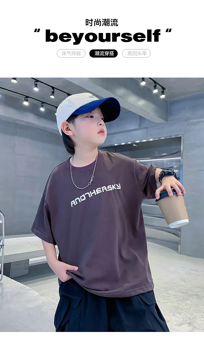 Boys Black Cotton T-Shirt 2026 Summer Loose Fit — feature 1