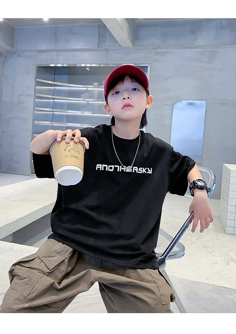 Boys Black Cotton T-Shirt 2026 Summer Loose Fit — feature 16